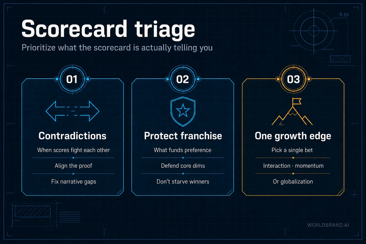 BrandSight triage: fix contradictions, protect franchise dimensions, pick one growth edge.
