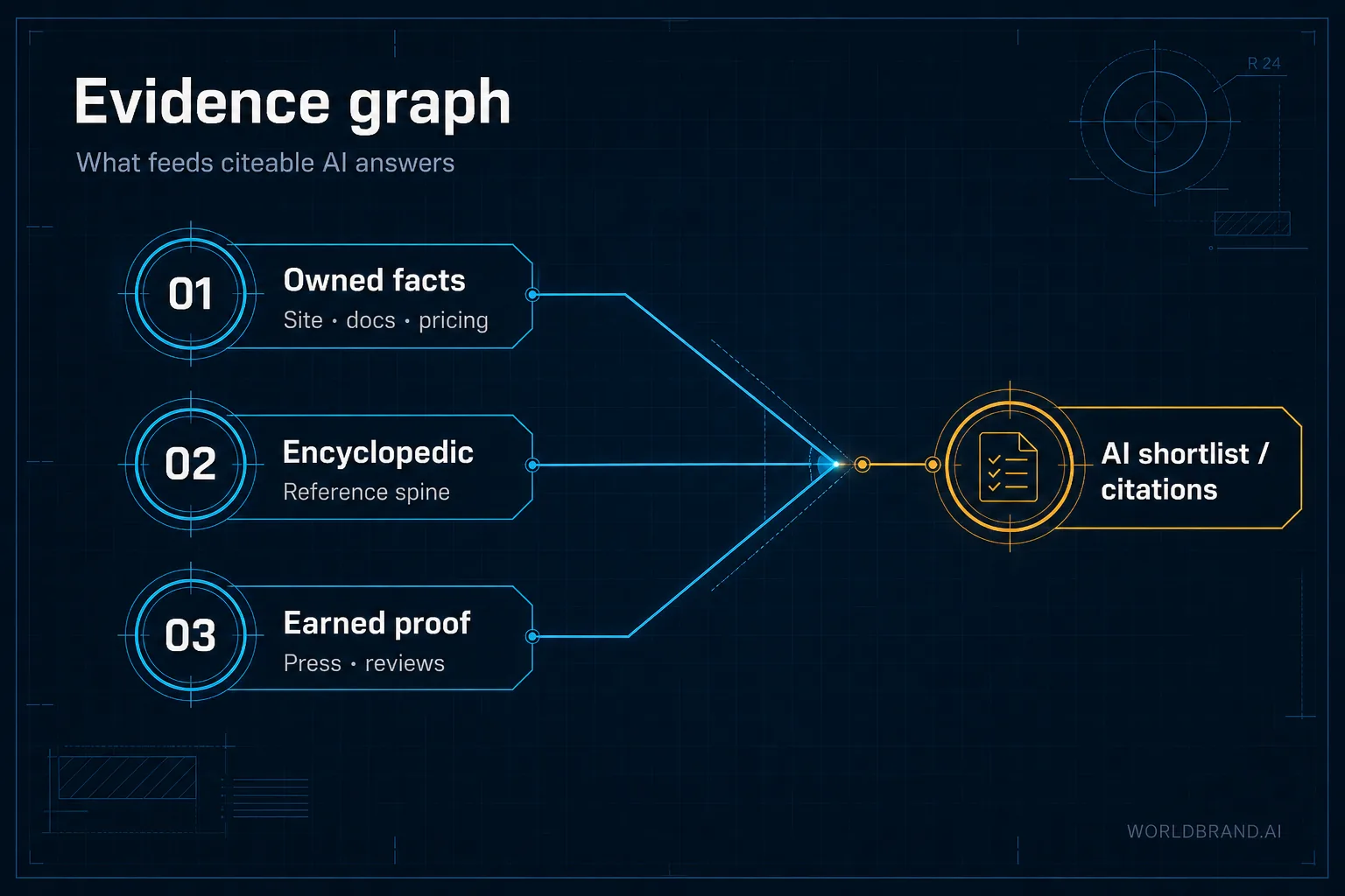 Evidence graph: owned pages, encyclopedic spine, and third-party corroboration feeding AI answers.